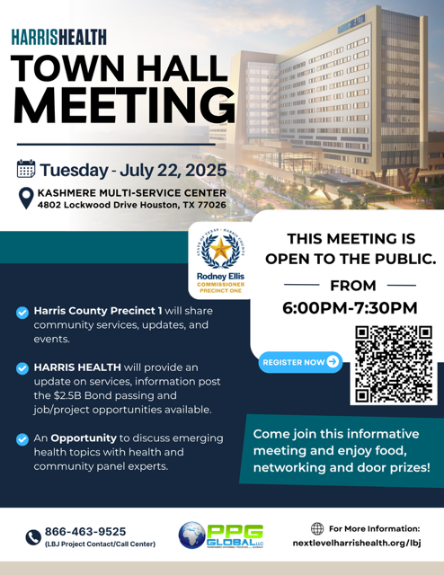 You’re invited to the Harris Health Town Hall Meeting on Tuesday, July 22, 2025, at the Kashmere Multi-Service Center.

This event offers valuable updates, including key information on the $2.5B bond, community services, and more!

Register now at nextlevelharrishealth.org/lbj