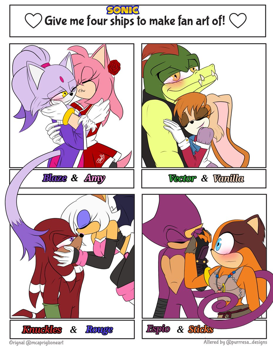 Flake_Dragonfly's tweet photo. All done! I thought of drawing them with a bit of my own style so you guys can have a glimpse of how I'll draw them in the future ✨ #BlazexAmy #VectorxVanilla #KnucklesxRouge #EspioxSticks #foryoupage #SonicTheHedgehog #ships #artist #romantic #Soniccharacters https://t.co/TIUkymCqCF