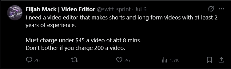 Mikevideoeditor's tweet image. I&apos;m wondering how far can you get with the ridiculousness of a job posting and still have people begging you for work in the comments.

This is an equivalent of someone walking up to you on the street, punching you, spitting on you, kicking you down to the ground, telling you…