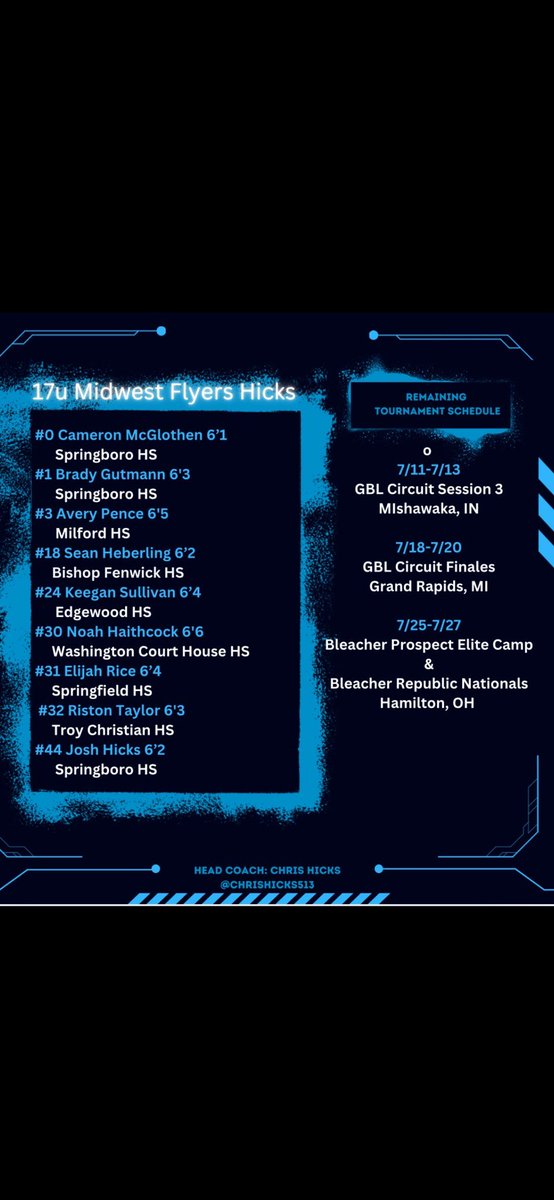 After a great June with my high school team, I am very excited to get back at it this weekend for AAU. Here is my schedule for the rest of the summer!
<a href="/ChrisHicks513/">Chris Hicks</a> <a href="/MidwestBBClub/">Midwest Basketball Club</a> <a href="/KevinMoses38/">Kevin Moses LLC</a> <a href="/iancle1/">Ian C.</a> <a href="/MiddieDK/">Dustin Kavanaugh</a> <a href="/BoroMBB/">Springboro Men’s Basketball</a> <a href="/BleacherProspec/">Bleacher Prospect</a>