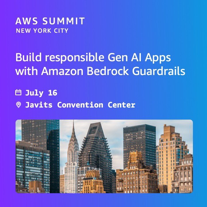 WaleAkinfaderin's tweet photo. Will be presenting at the AWS NY Summit next week. Join us for a hands-on workshop building responsible generative AI applications with Amazon Bedrock Guardrails.
Register here: https://t.co/3YLy1uT2Ze https://t.co/5Kl1vcWs6d