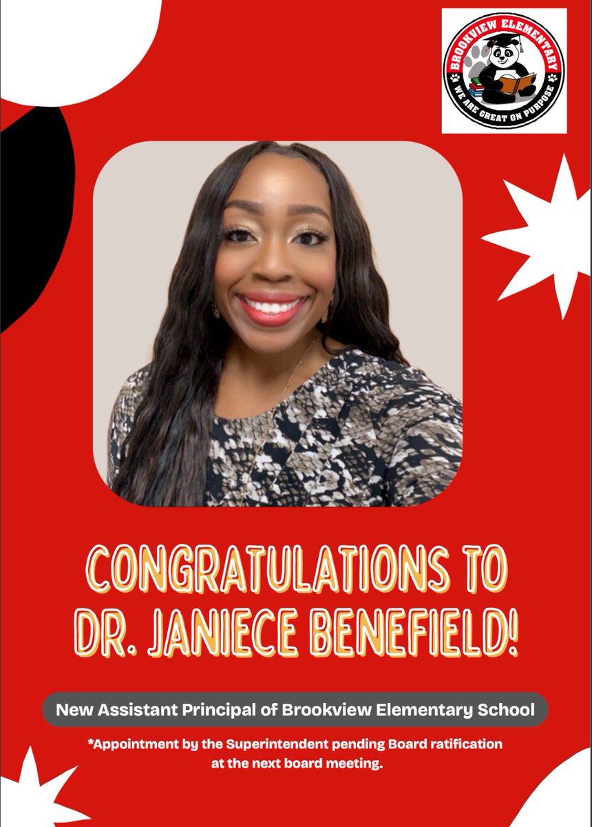 I would like to extend a warm WELCOME to Brookview Elementary School’s newest family member, Assistant Principal, Dr. Janiece Benefield. <a href="/CherisseCamp/">Cherisse Campbell, Ed.D</a> @MsBenefield