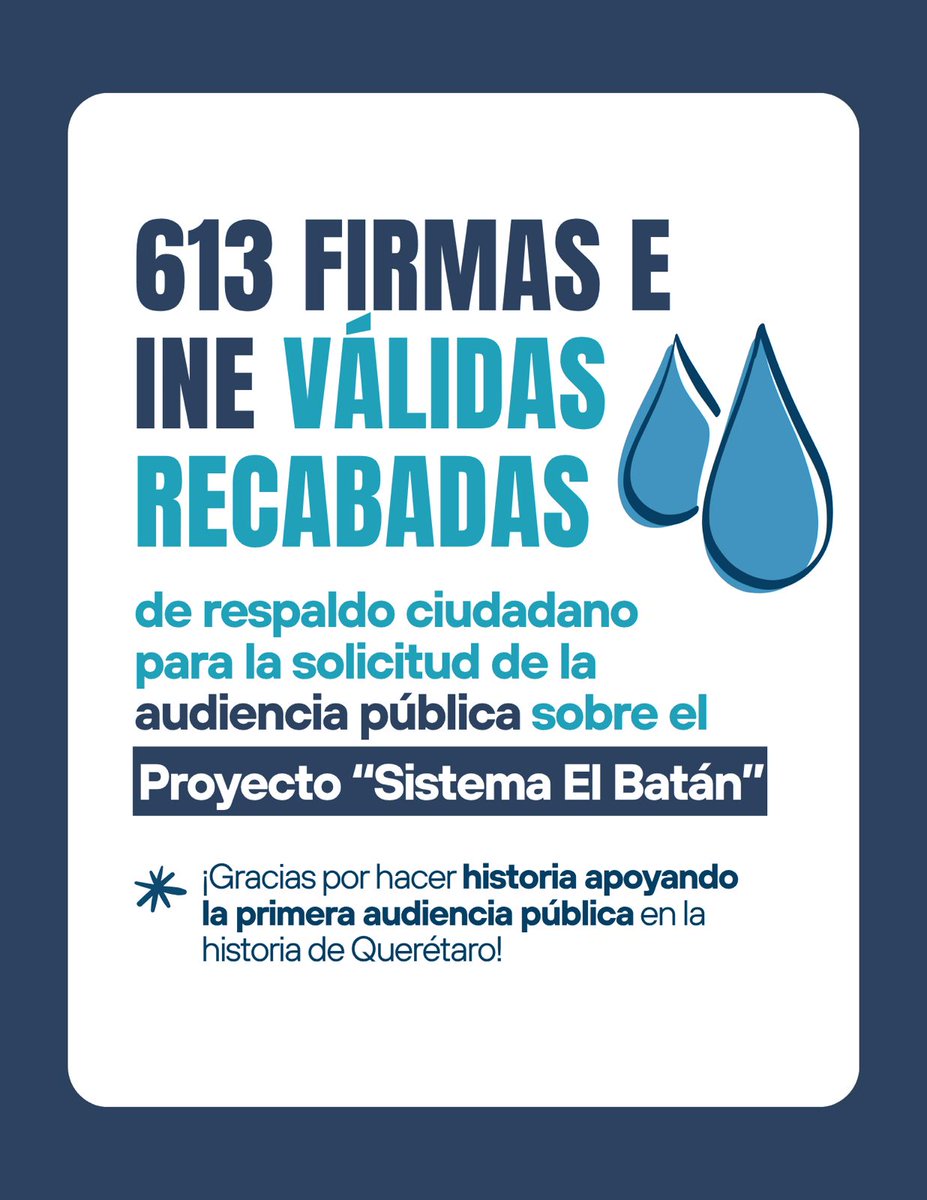 📢 #Querétaro está haciendo historia en participación ciudadana. Por primera vez activando el mecanismo de audiencia pública para discutir el #SistemaBatán Gracias al respaldo de la ciudadanía, 613 firmas e INEs estatales válidas fueron recabadas en solo una semana. 1/