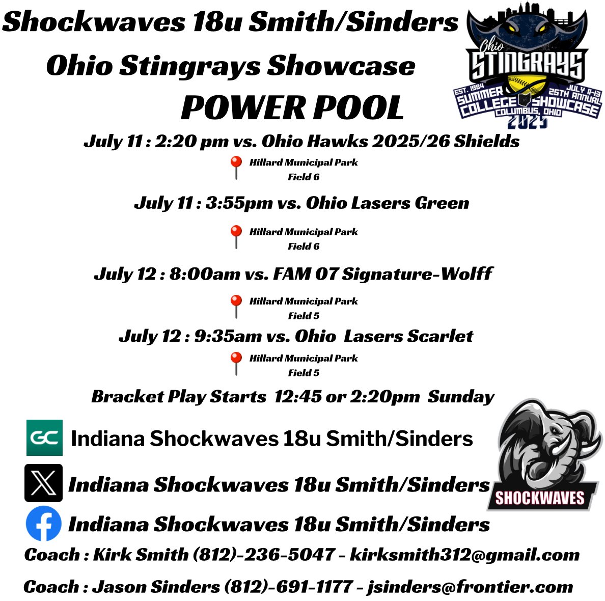 The Shockwaves are at the Ohio Stingrays College Showcase this weekend, July 11th - 13th,  in the Power Pool at Hillard Municipal Park. We hope to see you College Coaches, behind our backstop. <a href="/ShockwavesSB/">Indiana Shockwaves</a>