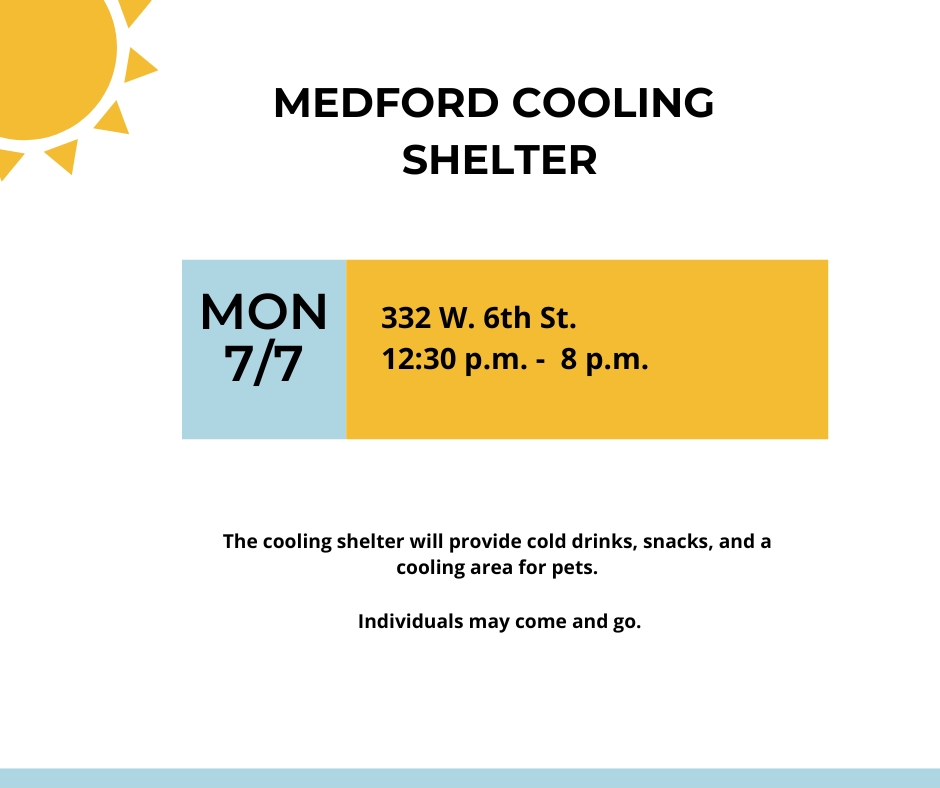 Looking for a place to cool off? <a href="/AccessHelps/">ACCESS</a> is providing a Cooling Shelter today (7/7) from 12:30 - 8 p.m. at 332 W. 6th St., Medford. ❄️

Pets are welcome and individuals may come and go.