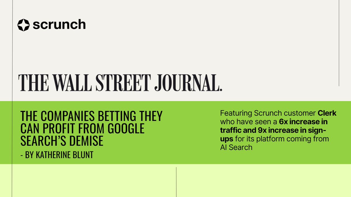 ScrunchAI's tweet image. Exciting way to start the week! Checkout our feature in @WSJ and learn more about how our customer Clerk.com is navigating the shift to #AISearch. wsj.com/tech/ai/ai-opt…