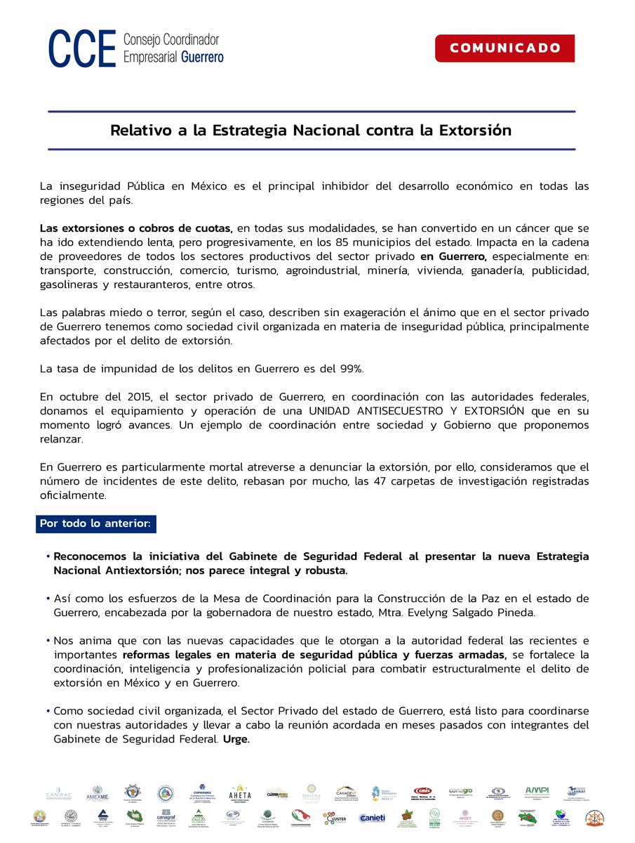 Comunicado del Consejo Coordinador Empresarial (CCE) Capítulo Guerrero, relativo a:

LA ESTRATEGIA NACIONAL CONTRA LA EXTORSIÓN.
