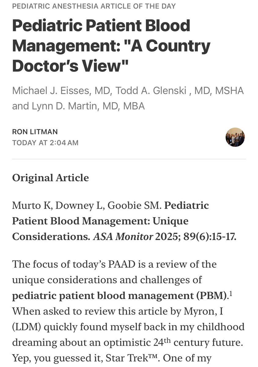 Pediatric Anesthesia Article of the Day 

Pediatric Patient Blood Management: “A Country Doctor’s View”

Michael J. Eisses, MD, Todd A. Glenski , MD, MSHA and Lynn D. Martin, MD, MBA

open.substack.com/pub/ronlitman/…

#PedsAnes #PedsPain #PedsCardsAnes #PedsICU #MedEd #PAAD