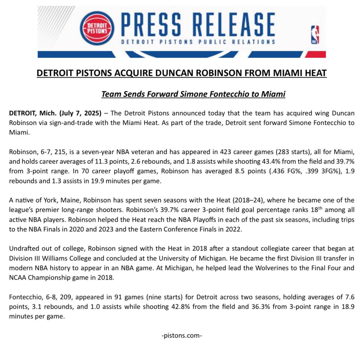 Pistons_PR's tweet image. The @DetroitPistons announced today that the team has acquired wing Duncan Robinson via sign-and-trade with the Miami Heat.