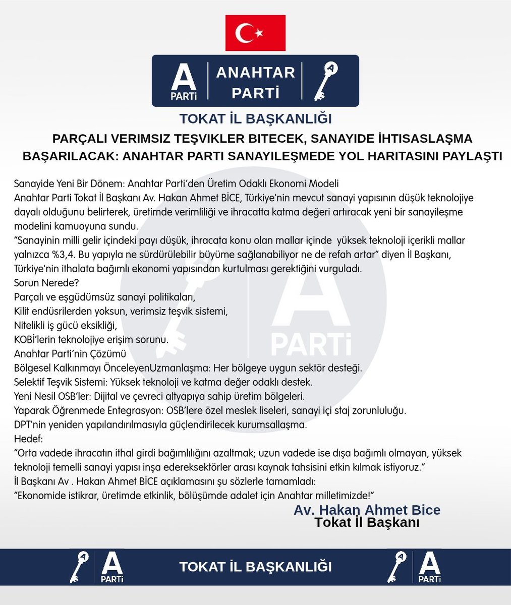 Anahtar Parti Tokat il Başkanlığı (@apartitokat) on Twitter photo Parçalı Verimsiz Teşvikler Bitecek, Sanayide İhtisaslaşma Başarılacak.
“Ekonomide istikrar, üretimde etkinlik, bölüşümde adalet için Anahtar milletimizde!”
<a href="/yavuzagiraliog/">Yavuz Ağıralioğlu</a> <a href="/anahtarparti/">Anahtar Parti</a> <a href="/alicelikdr/">Ali Çelik</a> <a href="/HBice21388/">Hakan Ahmet Bice</a> <a href="/sabahattinaday1/">sabahattinaday</a> Parçalı Verimsiz Teşvikler Bitecek, Sanayide İhtisaslaşma Başarılacak.
“Ekonomide istikrar, üretimde etkinlik, bölüşümde adalet için Anahtar milletimizde!”
<a href="/yavuzagiraliog/">Yavuz Ağıralioğlu</a> <a href="/anahtarparti/">Anahtar Parti</a> <a href="/alicelikdr/">Ali Çelik</a> <a href="/HBice21388/">Hakan Ahmet Bice</a> <a href="/sabahattinaday1/">sabahattinaday</a>