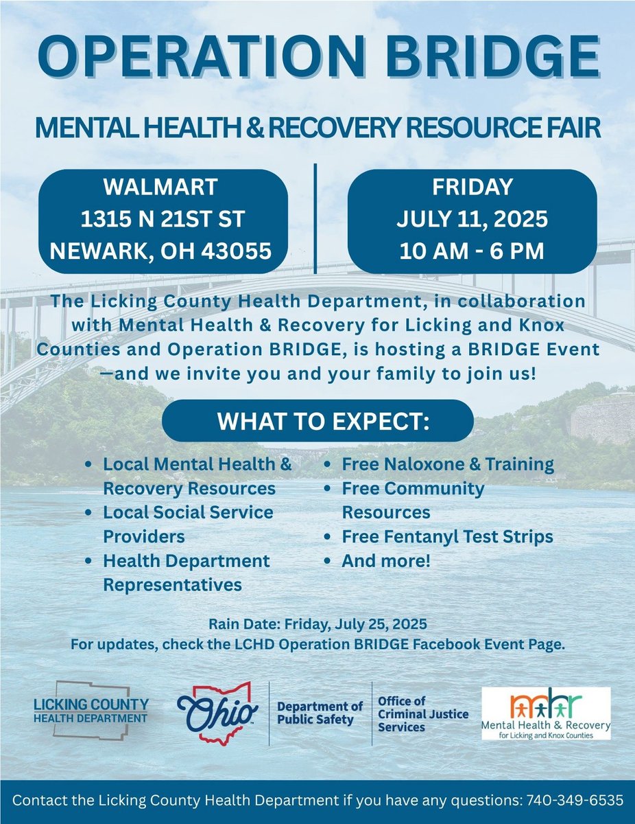 Join the Licking County Health Department this Friday for their Operation Bridge Mental Health and Recovery Resource Fair! 

Stop by the Walmart on 21st street anytime between 10am and 6pm.