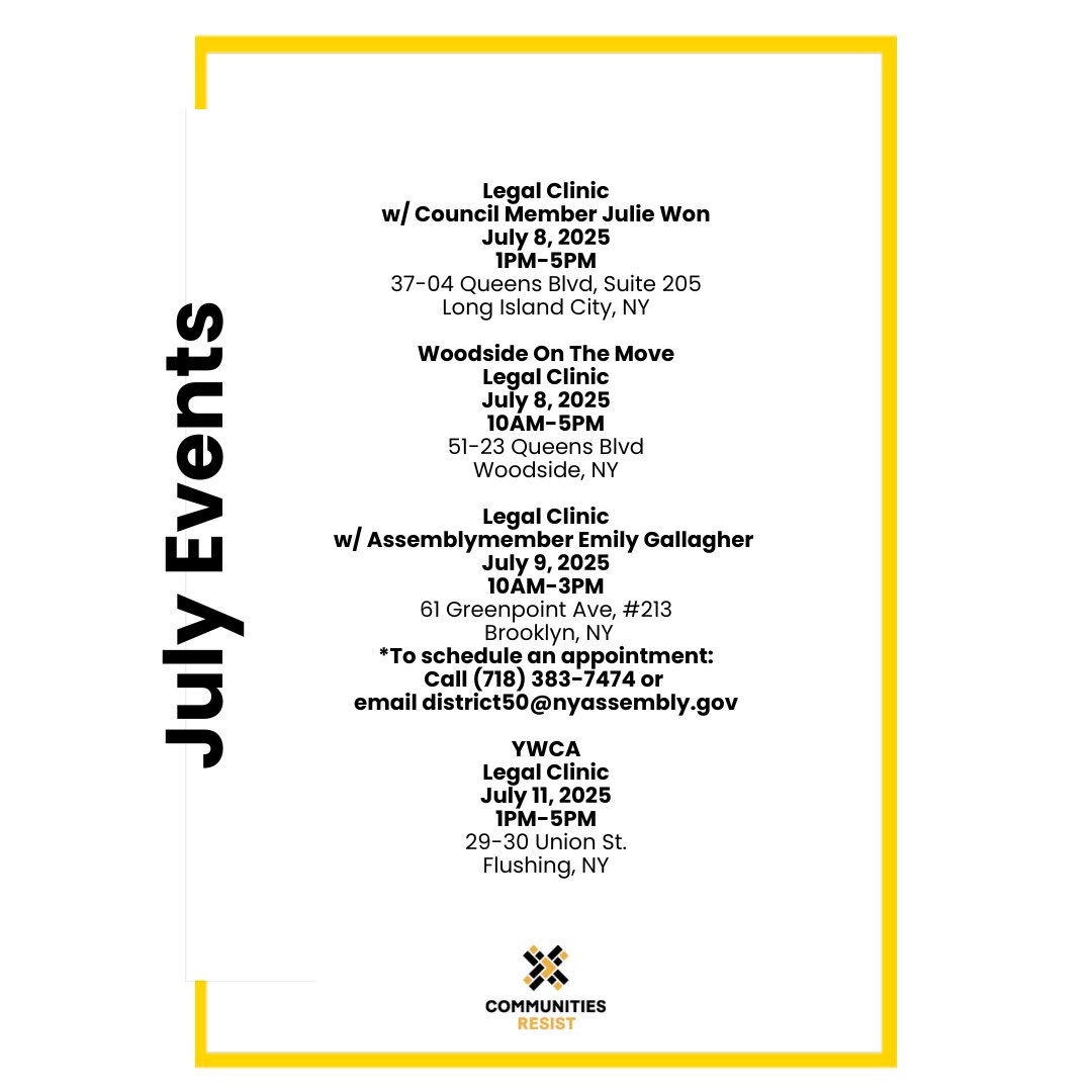 nycCoRe's tweet image. Are you a tenant in need of legal assistance? Please check out our housing legal clinic schedule for this week.
