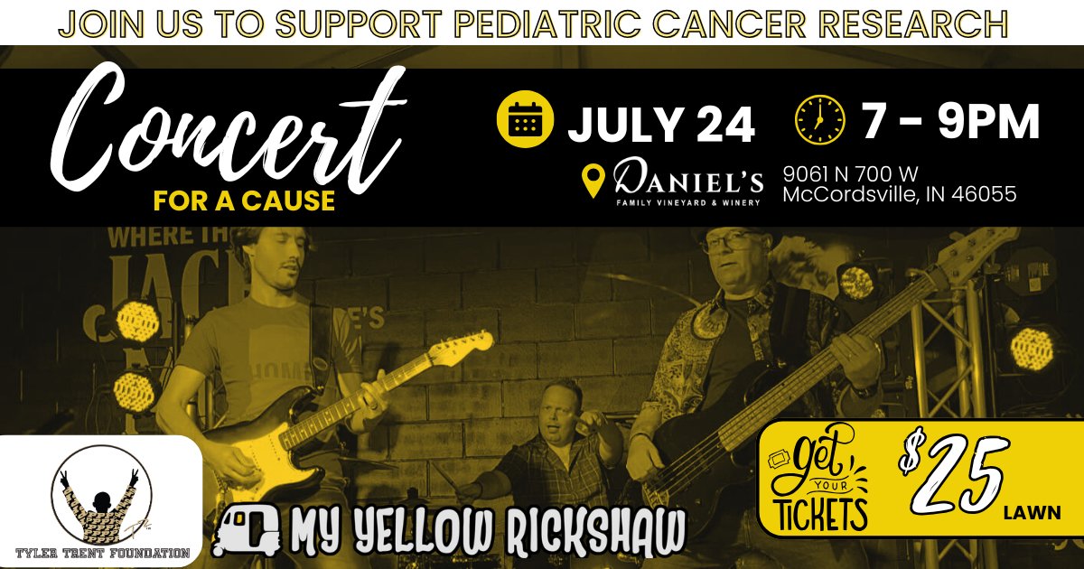Grab a lawn seat for Concert for a Cause on July 24 at Daniel’s Vineyard!

🎶 Live music by My Yellow Rickshaw
💛 $25 tickets — 100% benefits the Tyler Trent Foundation
🍷 Food + drinks available on-site
🎟️ Get yours: one.bidpal.net/danielsvineyar…
 #IndyEvents #IndyMusic