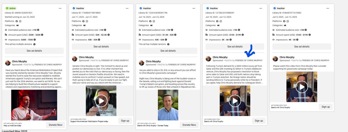 Andrew Arenge (@mrarenge) on Twitter photo Chris Murphy has changed the sponsor of the digital ads he's running on Meta
All the ads launched before July were from "Friends of Chris Murphy" while ads launched in July are from "MURPHY MOBILIZATION FUND"
<a href="/hollyotterbein/">Holly Otterbein</a> first reported this news: politico.com/news/2025/06/0โฆ Chris Murphy has changed the sponsor of the digital ads he's running on Meta
All the ads launched before July were from "Friends of Chris Murphy" while ads launched in July are from "MURPHY MOBILIZATION FUND"
<a href="/hollyotterbein/">Holly Otterbein</a> first reported this news: politico.com/news/2025/06/0โฆ