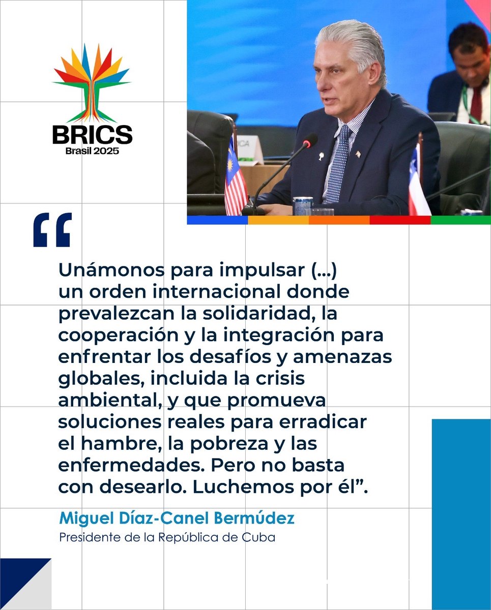 Anayansi Rodríguez Camejo (@anayansircamejo) on Twitter photo 🇨🇺| Fragmento de intervención del presidente de #Cuba, <a href="/DiazCanelB/">Miguel Díaz-Canel Bermúdez</a> ,en sesión “Medio Ambiente,COP 30º y Salud Global” de la XVII Cumbre de los BRICS, en Río de Janeiro, #Brasil 🇧🇷 haciendo un llamado a la unidad para impulsar el nuevo orden internacional que deseamos y merecemos 🇨🇺| Fragmento de intervención del presidente de #Cuba, <a href="/DiazCanelB/">Miguel Díaz-Canel Bermúdez</a> ,en sesión “Medio Ambiente,COP 30º y Salud Global” de la XVII Cumbre de los BRICS, en Río de Janeiro, #Brasil 🇧🇷 haciendo un llamado a la unidad para impulsar el nuevo orden internacional que deseamos y merecemos