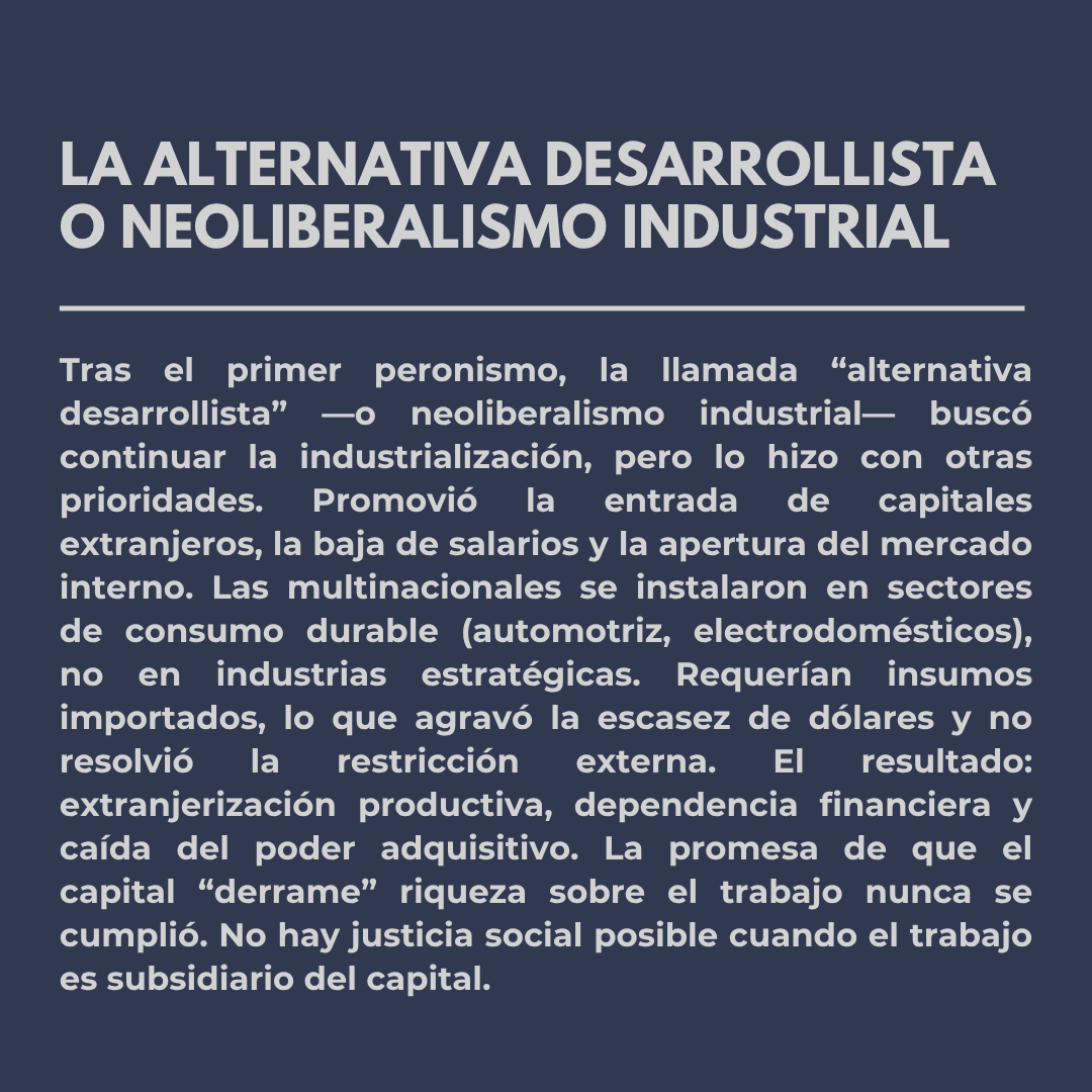 El desarrollismo, o neoliberalismo industrial, se presentó como alternativa tras el peronismo. Prometía industrialización vía capital extranjero, pero trajo más dependencia y salarios bajos.