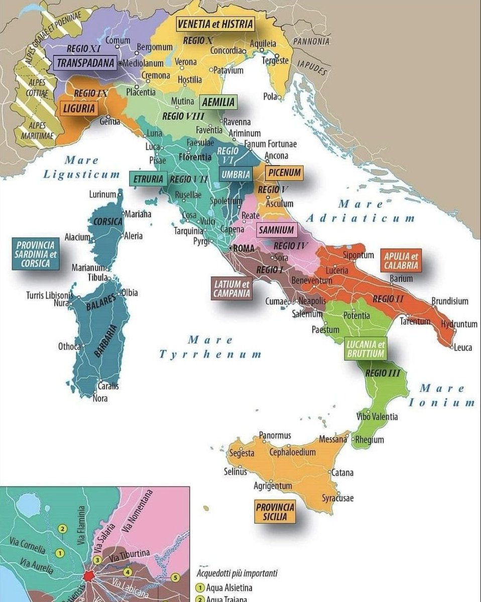 Très belle carte de la division de l'Italie à l'époque d'Auguste, qui a organisé la péninsule en 11 régions administratives