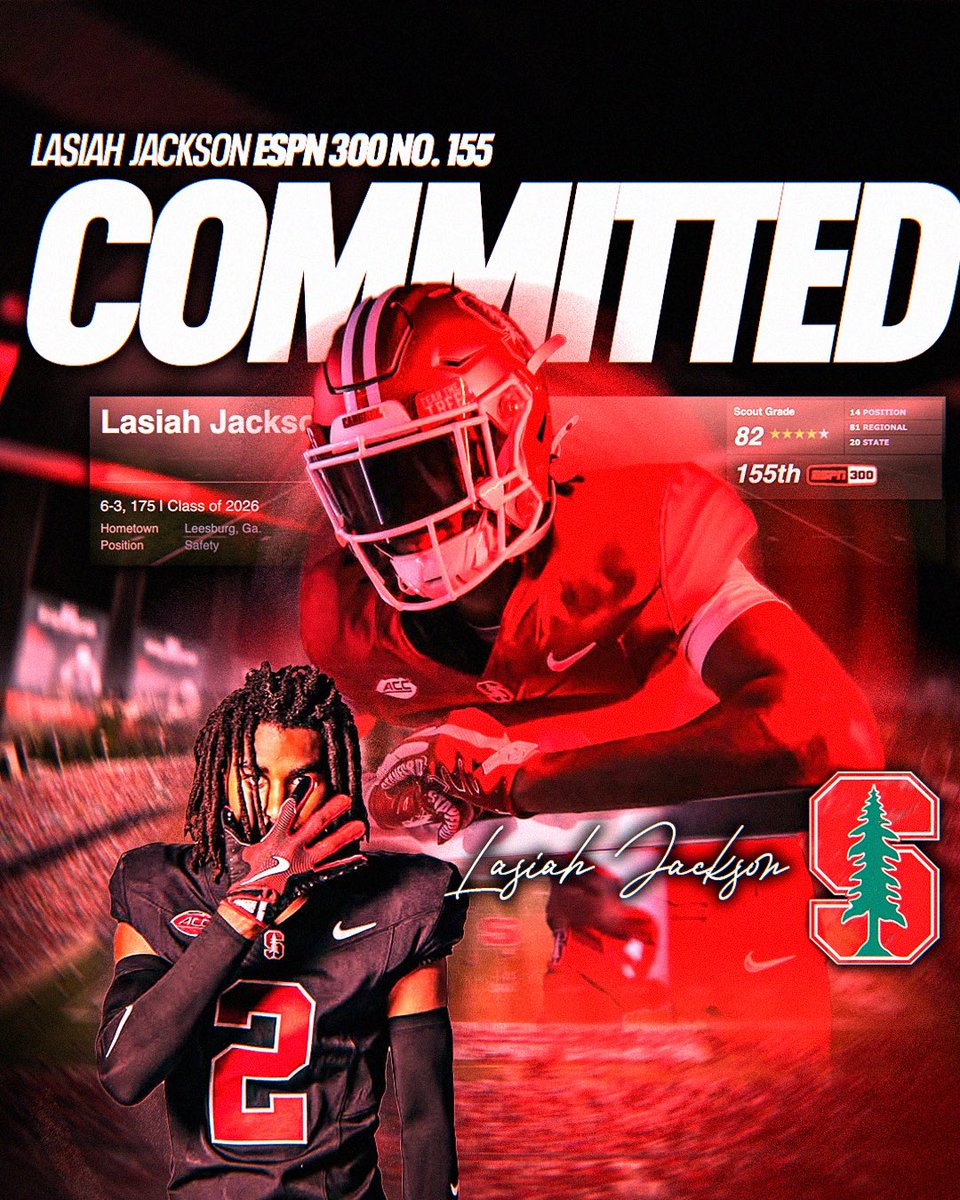Billy Tucker (@theucreport) on Twitter photo Lasiah Jackson is headed to Stanford 🌲 <a href="/LasiahJackson/">Lasiah “LA” Jackson</a>
Huge pickup for the Cardinals landing the 4-star safety who currently ranks No. 155 in the ESPN 300. One of the top prospects in Georgia, he becomes the third ESPN 300 commit of the cycle for Stanford. Lasiah Jackson is headed to Stanford 🌲 <a href="/LasiahJackson/">Lasiah “LA” Jackson</a>
Huge pickup for the Cardinals landing the 4-star safety who currently ranks No. 155 in the ESPN 300. One of the top prospects in Georgia, he becomes the third ESPN 300 commit of the cycle for Stanford.