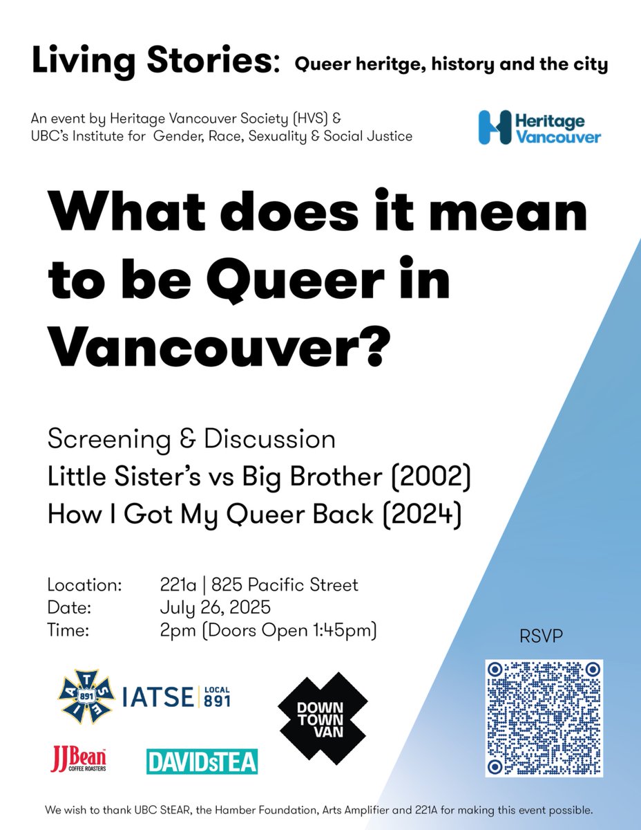 Join in on July 26th for "Living Stories: Queer heritage, history and the city”! This event creates a space for queer people to share stories and perspectives on what queer heritage and history in Vancouver means to them. 
eventbrite.ca/e/living-stori…
