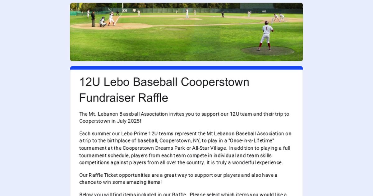 2025 Lebo Baseball 12U Cooperstown Raffle Fundraiser. Winners will be drawn on July 28th, 2025. Purchase raffle tickets HERE: buff.ly/ItACI2b