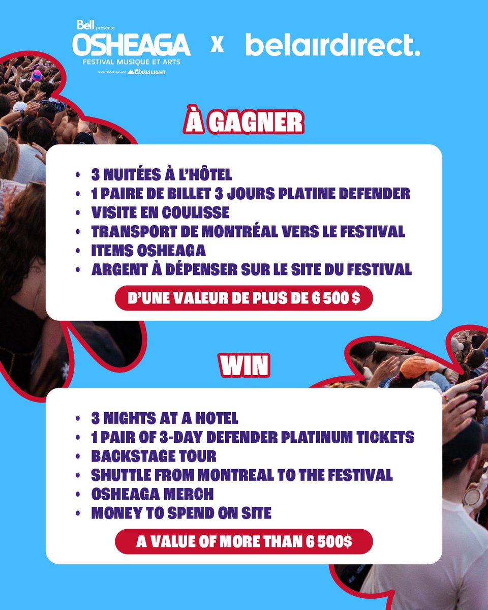 osheaga's tweet image. CONCOURS 🌈 CONTEST
@belairdirect vous offre la chance de gagner une expérience ultime à OSHEAGA :
3 nuitées à l’hôtel
1 paire de billets Platine Defender 3-jours
Tour en coulisse
Marchandise OSHEAGA
et plus! ✨
Vous avez jusqu’au 14 juillet, 16h30 pour participer / You have…