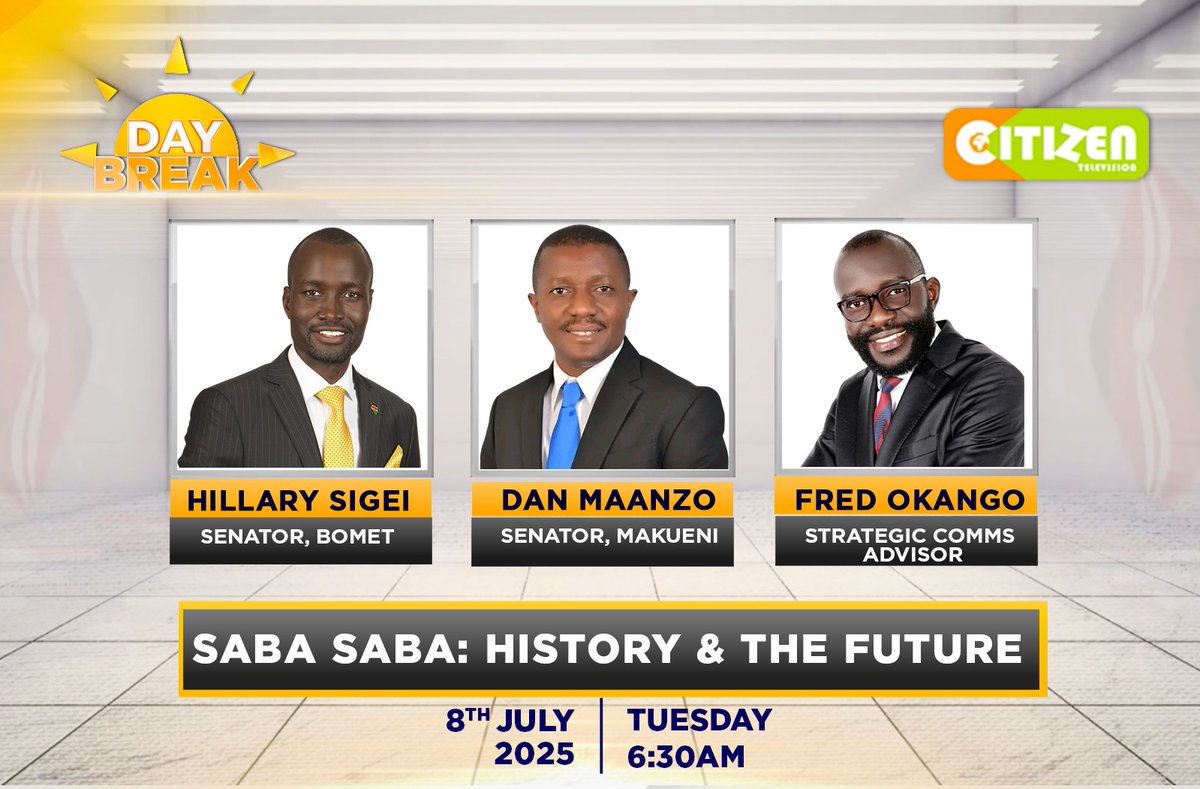 Saba Saba: History and The Future

This Tuesday on #CitizenDayBreak @samgituku hosts Bomet Senator Hillary Sigei, Makueni Senator Dan Maanzo and Strategic Comms Advisor Fred Okango

Join the discourse from 6:30 am