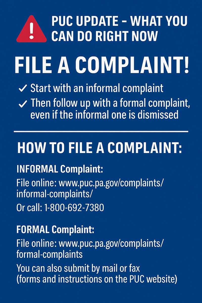 🚨 If you’ve been affected by power or utility issues: FILE A COMPLAINT!
✅ Start with an informal complaint
✅ Then follow up with a formal one
📞 1-800-692-7380
🖥️ File online: puc.pa.gov/complaints/
🔁 Share this info—your voice matters!
#PUC #Accountability #PASenate