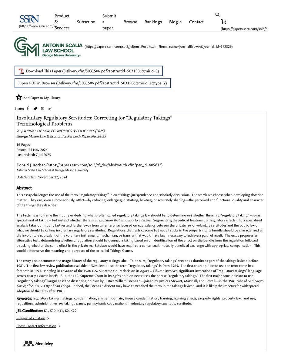 Donald Kochan (@donaldkochan) on Twitter photo *Stop: Using the label "Regulatory Takings"
*Start: Using the label "Involuntary Regulatory Servitudes"
*Hot off the Press, now printed, my article by that name @ 20 J. Law, Econ. & Policy 446 / <a href="/PacificLegal/">Pacific Legal 🗡⚖️</a> <a href="/invcondemnation/">Robert Thomas www.inversecondemnation.com</a> <a href="/IJ/">Institute for Justice</a> <a href="/instapundit/">@instapundit</a> / Download: papers.ssrn.com/sol3/papers.cf… *Stop: Using the label "Regulatory Takings"
*Start: Using the label "Involuntary Regulatory Servitudes"
*Hot off the Press, now printed, my article by that name @ 20 J. Law, Econ. & Policy 446 / <a href="/PacificLegal/">Pacific Legal 🗡⚖️</a> <a href="/invcondemnation/">Robert Thomas www.inversecondemnation.com</a> <a href="/IJ/">Institute for Justice</a> <a href="/instapundit/">@instapundit</a> / Download: papers.ssrn.com/sol3/papers.cf…