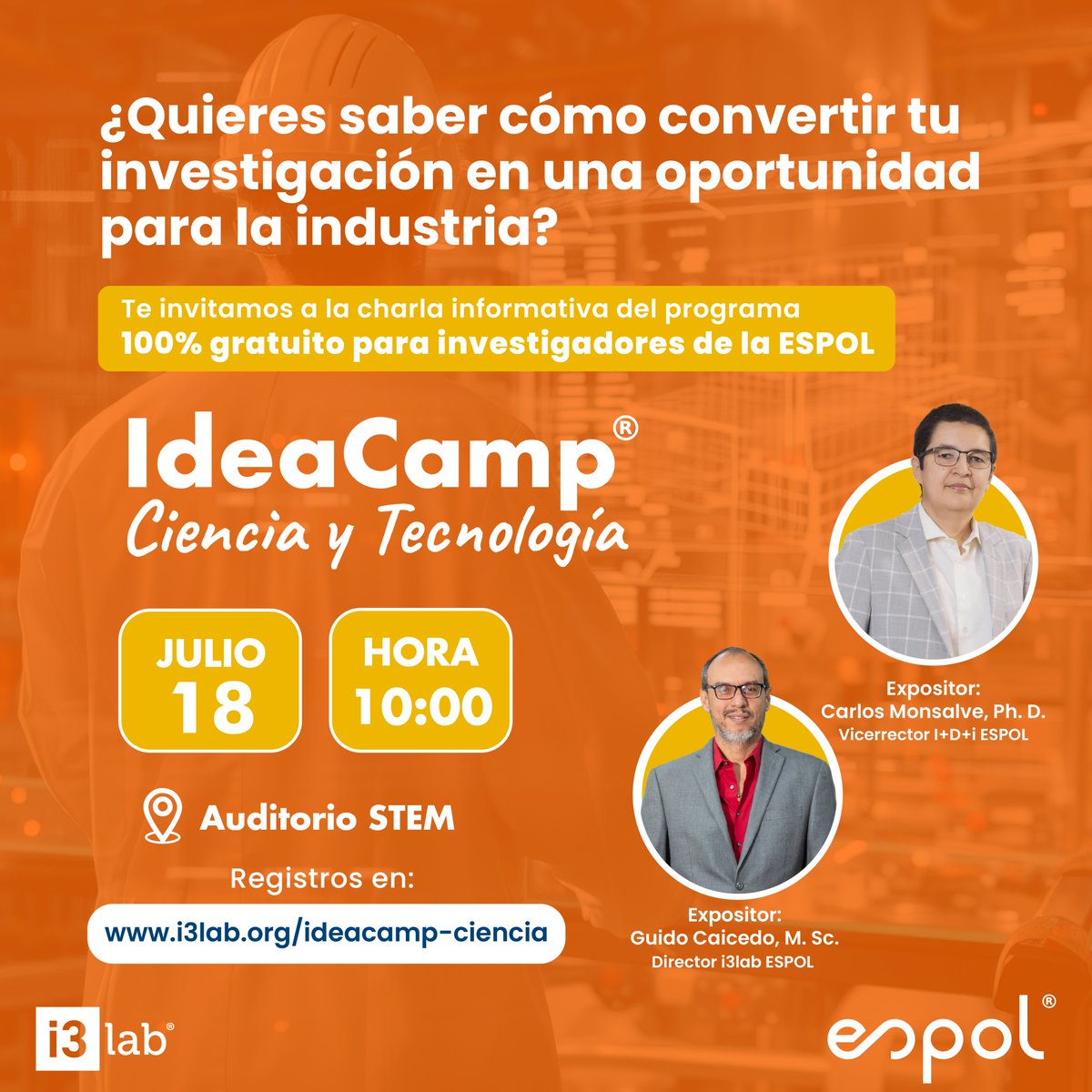 🚀 ¿Eres investigador de la <a href="/espol/">ESPOL</a>?
Tu investigación puede ser la próxima solución para la industria.💡

Conoce todos los beneficios del programa IdeaCamp Ciencia y Tecnología, 100% gratuito.

🗓️ 18 de julio | ⏰ 10h00 | 📍 Auditorio STEM

👉 Regístrate: i3lab.org/ideacamp-cienc…
