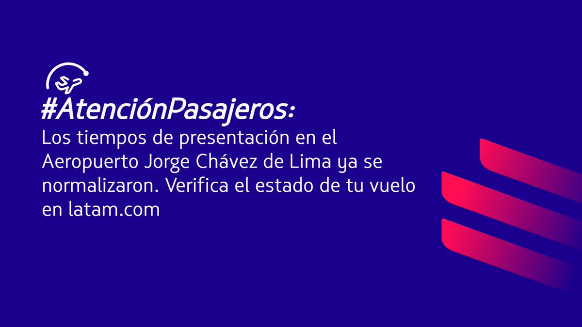 #AtenciónPasajeros: Si vuelas desde el nuevo aeropuerto <a href="/AeroJorgeChavez/">Aeropuerto Jorge Chávez</a> de Lima, recuerda llegar con anticipación: 2 horas antes para vuelos nacionales y 3 horas antes para vuelos internacionales.