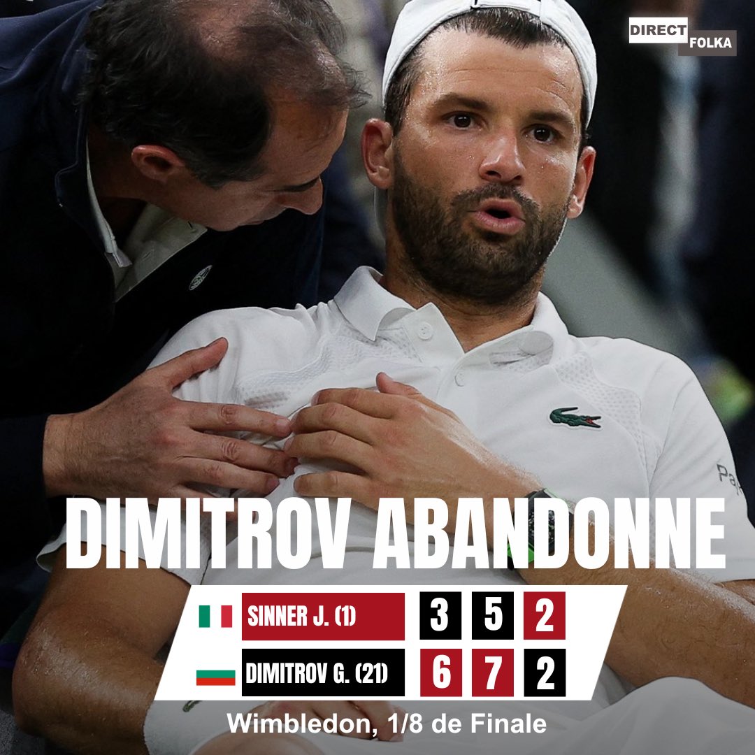🚨Alors qu'il menait deux manches à rien face à Jannik Sinner, Grigor Dimitrov abandonne pour une blessure au niveau du pectoral ! 🇧🇬🤕

Proche de la défaite, le n°1 mondial est finalement qualifié pour les quarts de Wimbledon.