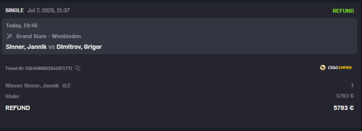 Dr. W (@drwgamba) on Twitter photo I just placed this bet on <a href="/CSGOEmpire/">CSGOEmpire</a> and on two other betting sites where I usually bet.
When a player retires and not just a point or a set has been played, but 3 full sets and 4 games, nobody refuses to pay the bet. What do you mean "refunded"?
Is Empire really going to be I just placed this bet on <a href="/CSGOEmpire/">CSGOEmpire</a> and on two other betting sites where I usually bet.
When a player retires and not just a point or a set has been played, but 3 full sets and 4 games, nobody refuses to pay the bet. What do you mean "refunded"?
Is Empire really going to be