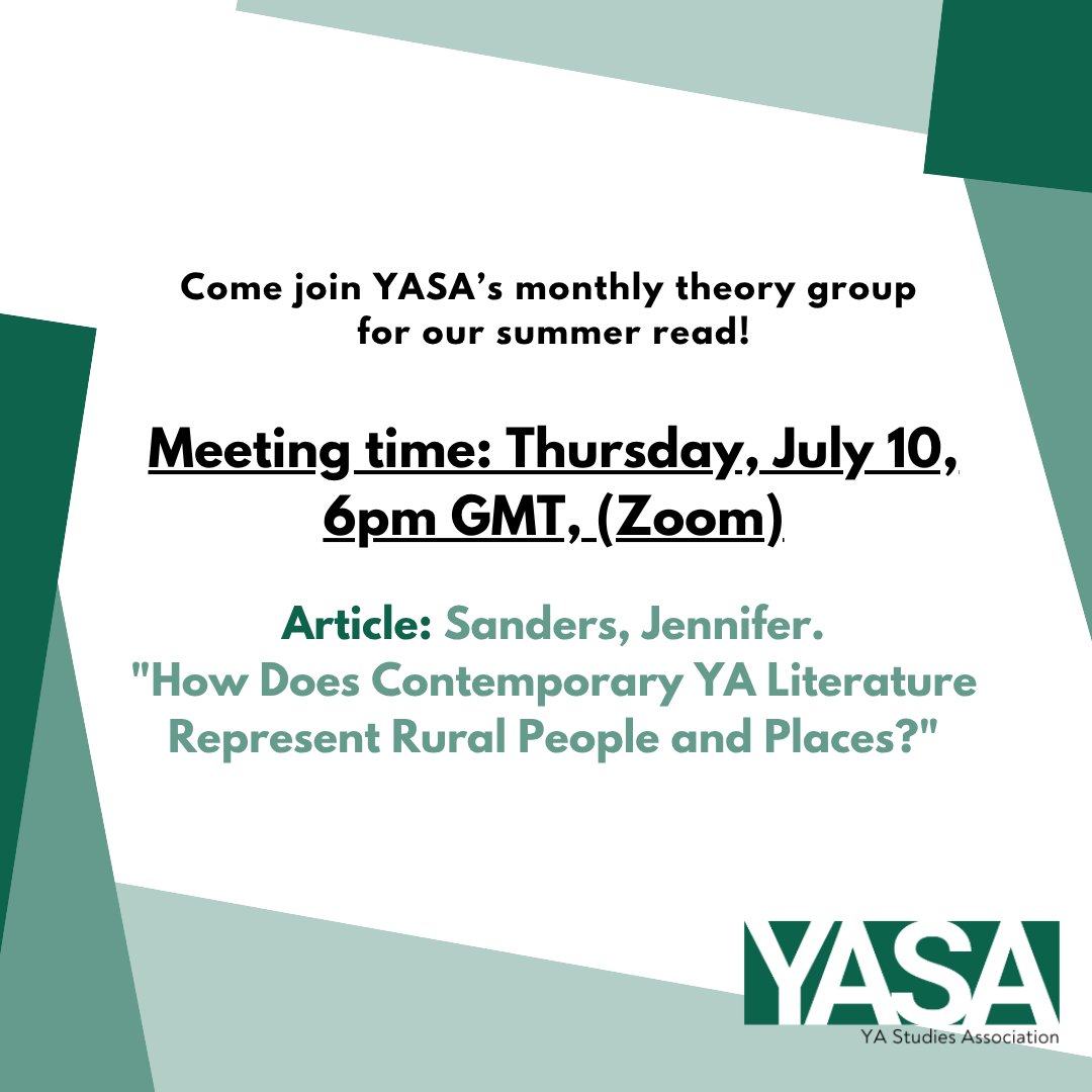 YAStudiesAssoc's tweet image. It's time for another summer theory reading group meeting! We'll be meeting this Thursday, 10 July, at 6pm GMT to discuss representing rural people and places in YA literature. Hope to see you there! 😊