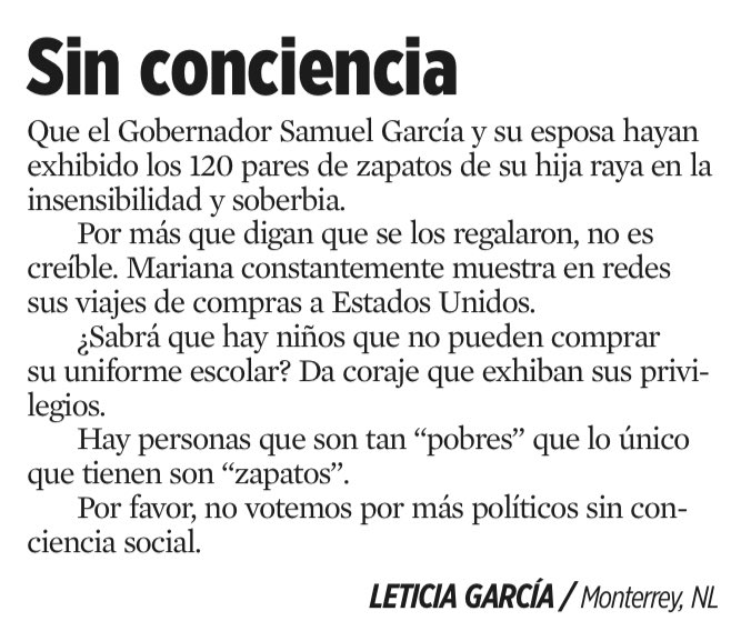 ⚠️ Nuevo mensaje a <a href="/samuel_garcias/">Samuel García</a>, gobernador de Nuevo León y militante de <a href="/MovCiudadanoMX/">Movimiento Ciudadano | Movimiento Naranja</a>, de parte de Leticia García, lectora de grupo <a href="/Reforma/">REFORMA</a> y residente en Monterrey. Tiene toda la razón. La frivolidad de esta pareja no tiene límites. Pero los votos, sí.