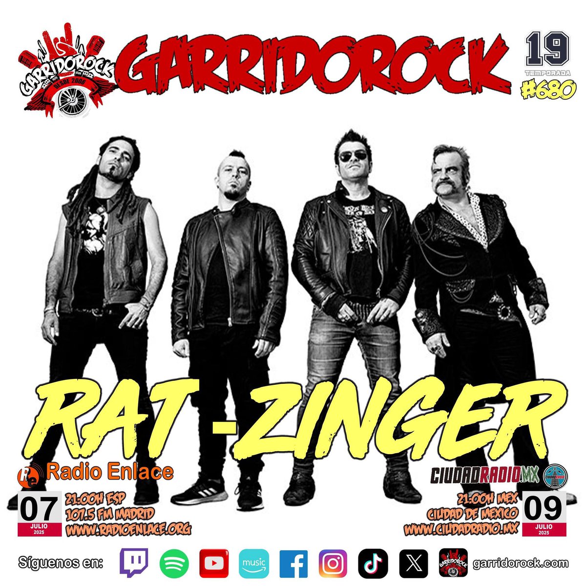 [GARRIDOROCK 680 - RAT-ZINGER]

Esta noche programa 680 del GarridoRock con la visita de Rat-Zinger.

Escúchalo hoy a las 21h en Radio Enlace, con nuestro live a través de Twitch y Facebook. También el miércoles 09 de julio a las 21h en México, a través de Ciudad Radio.