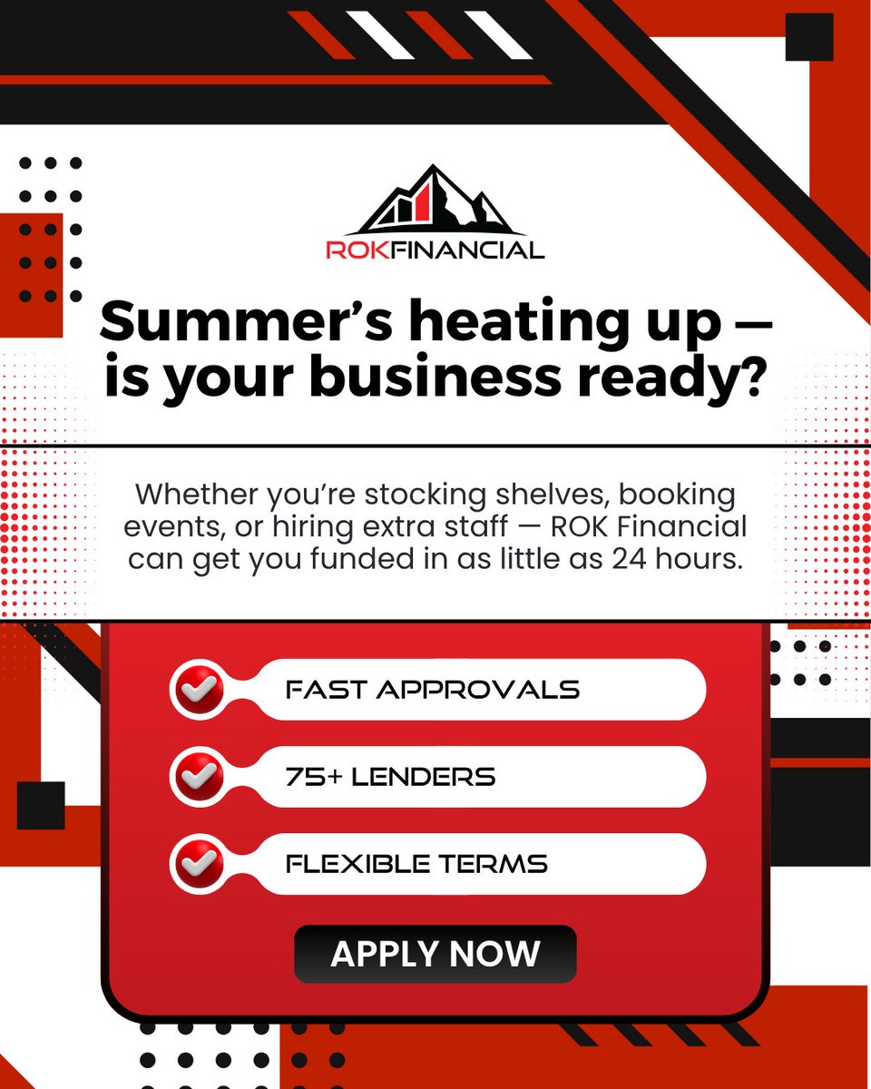 FinancialFran5's tweet photo. ☀️ Summer’s heating up—is your business ready?

From inventory to staffing, ROK Financial delivers fast funding in as little as 24 hours.

Be ready for the rush. Make this your most profitable season yet.

https://t.co/oO78OcLA5h https://t.co/UOooyrsdVJ