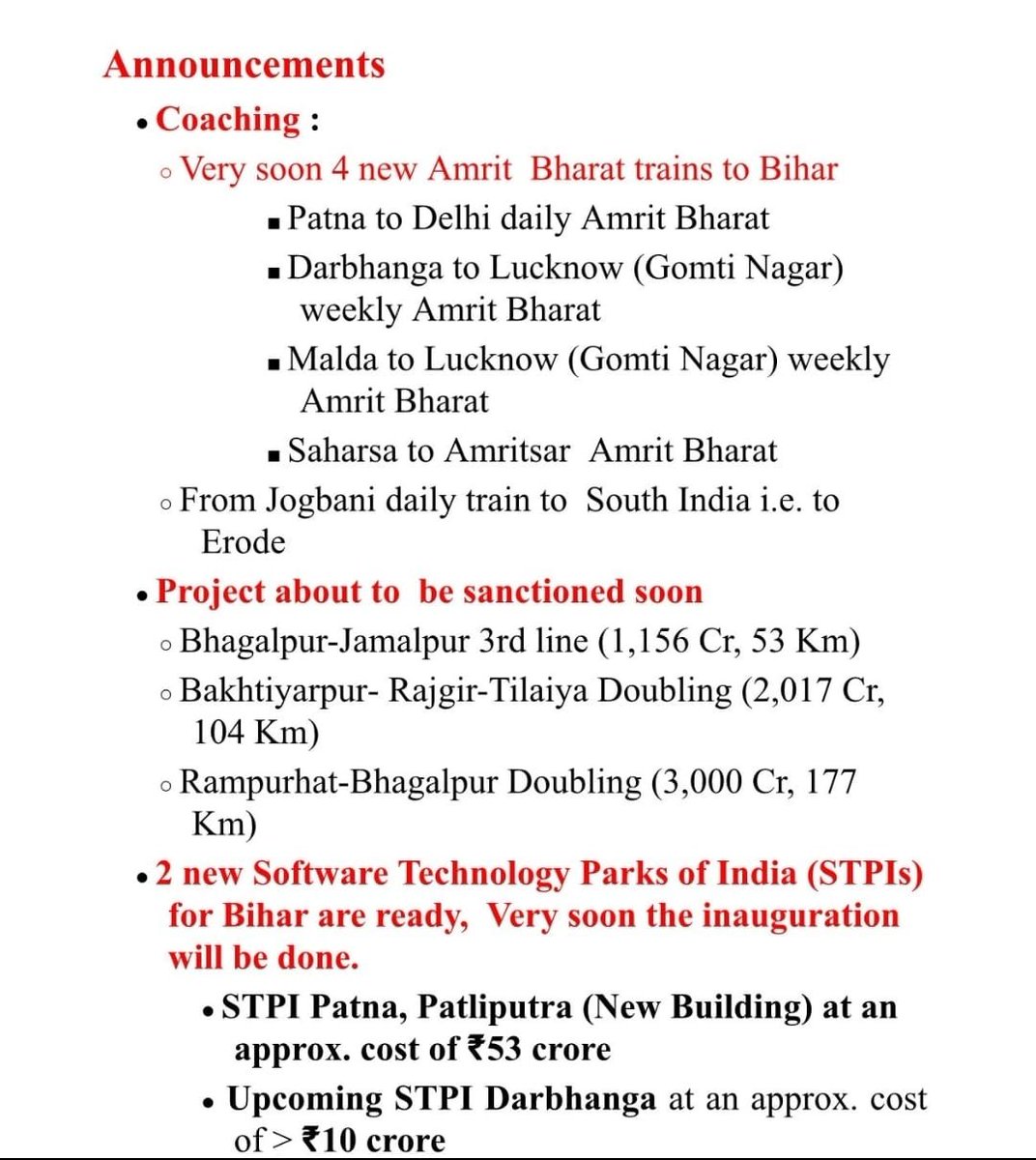 GPX Rail & Infra💙 (@gpxcricket) on Twitter photo 🚨 बिहार दौरे पर माननीय रेल मंत्री श्री <a href="/AshwiniVaishnaw/">Ashwini Vaishnaw</a> जी ने की बड़ी घोषणा, जल्द होगा उद्घाटन
> पटना नई दिल्ली दैनिक अमृत भारत
> दरभंगा लखनऊ सप्ताहिक अमृत भारत
> मालदा लखनऊ सप्ताहिक अमृत भारत
> सहरसा अमृतसर अमृत भारत
> जोगबनी ईरोड (तमिलनाडु) दैनिक ट्रेन 🚨 बिहार दौरे पर माननीय रेल मंत्री श्री <a href="/AshwiniVaishnaw/">Ashwini Vaishnaw</a> जी ने की बड़ी घोषणा, जल्द होगा उद्घाटन
> पटना नई दिल्ली दैनिक अमृत भारत
> दरभंगा लखनऊ सप्ताहिक अमृत भारत
> मालदा लखनऊ सप्ताहिक अमृत भारत
> सहरसा अमृतसर अमृत भारत
> जोगबनी ईरोड (तमिलनाडु) दैनिक ट्रेन