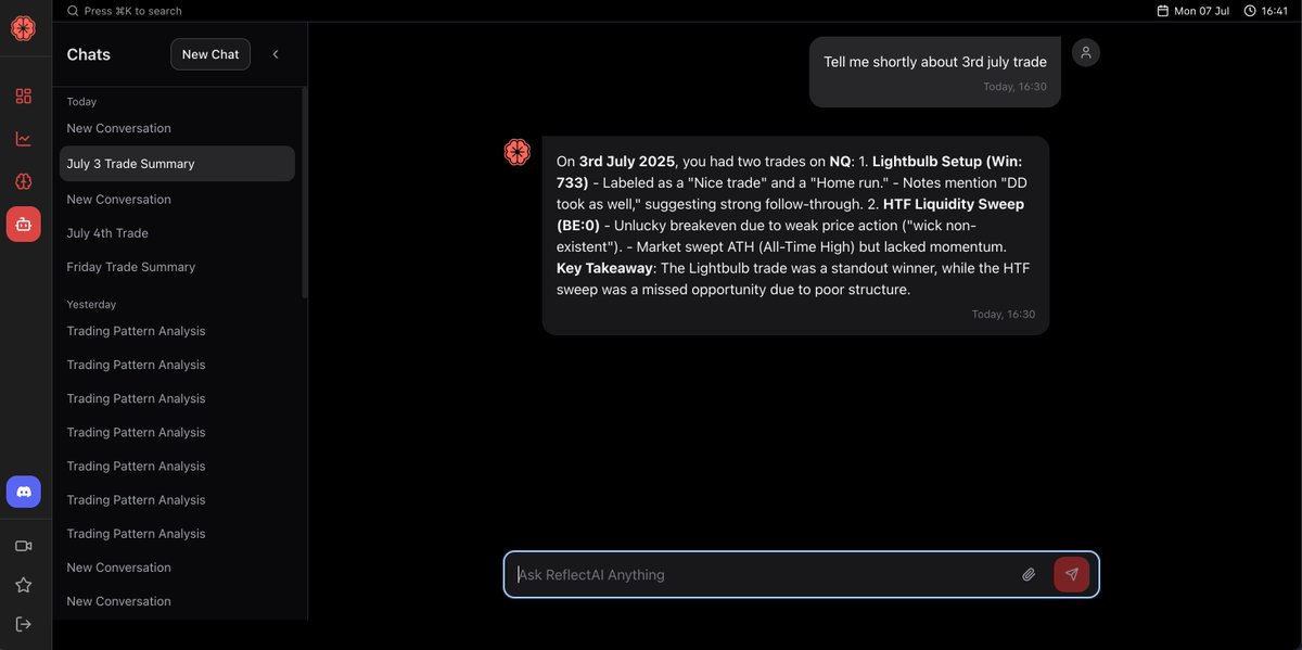 ReflectIQApp's tweet image. 2/ Open ReflectIQ’s ReflectAI page (reflectiq.online/reflect-ai). Ask it for insights, e.g., “What patterns do you see in my recent losing trades?” or “What’s my win rate this week?” Use the AI’s analysis to spot weaknesses and get tailored trading tips. #ReflectAI
