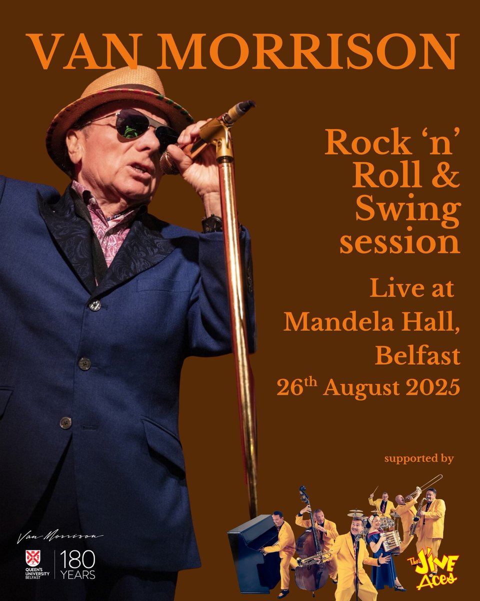.<a href="/vanmorrison/">Van Morrison</a> has just announced a Rock 'n' Roll &amp; Swing session live show at Mandela Hall on 26th August with support from <a href="/jiveaces/">The Jive Aces</a> 🎺🎷

Tickets on sale Wednesday 10am from Ticketmaster.
