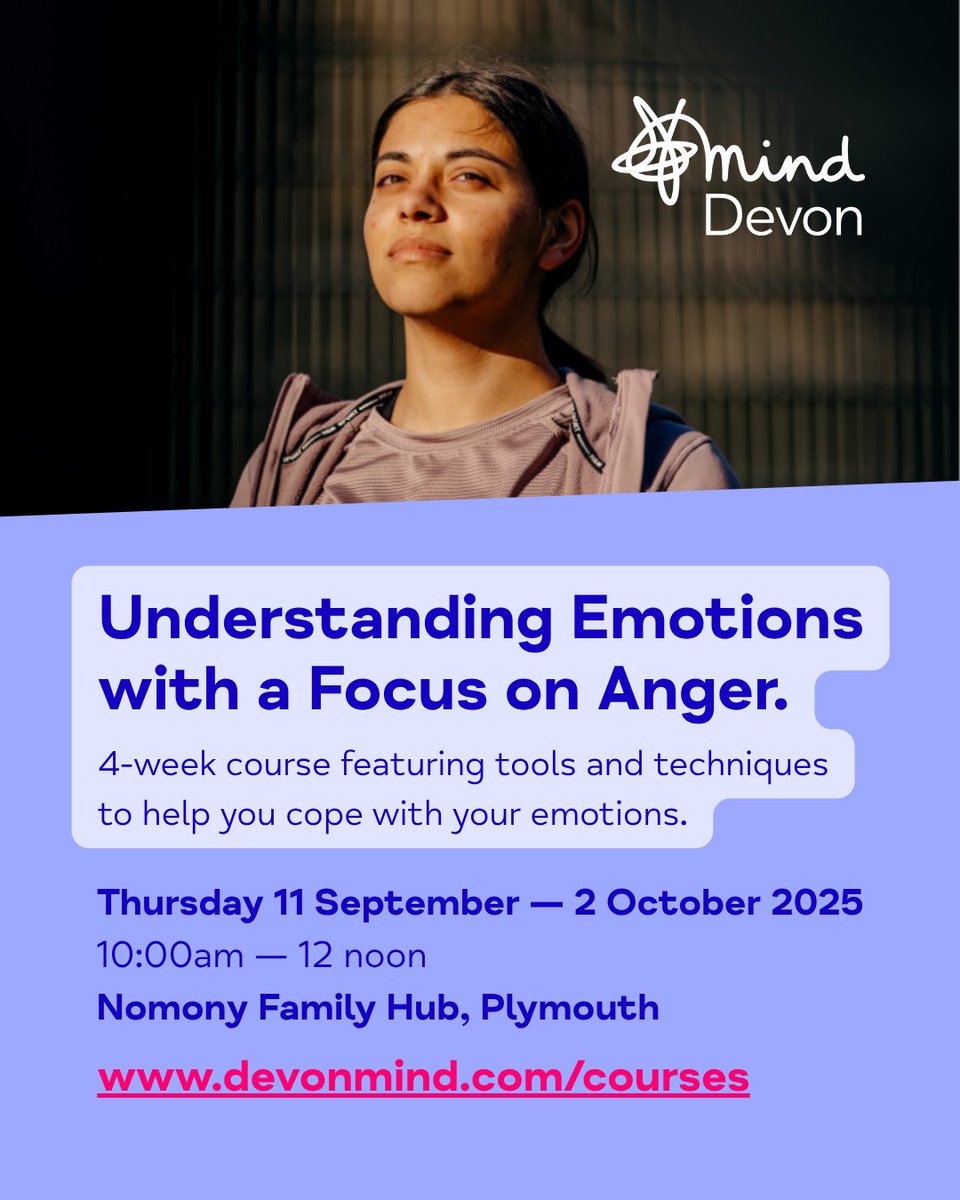 MindDevon's tweet image. New date for our popular 4-week course that aims to help provide awareness and knowledge of our emotions.

Understanding Emotions with a Focus on Anger:

📆 Thursday 11 September — 2 October 2025
⏰ 10am — 12 noon
🗺️ Nomony Family Hub, #Plymouth

Sign up: loom.ly/zLkPPtA