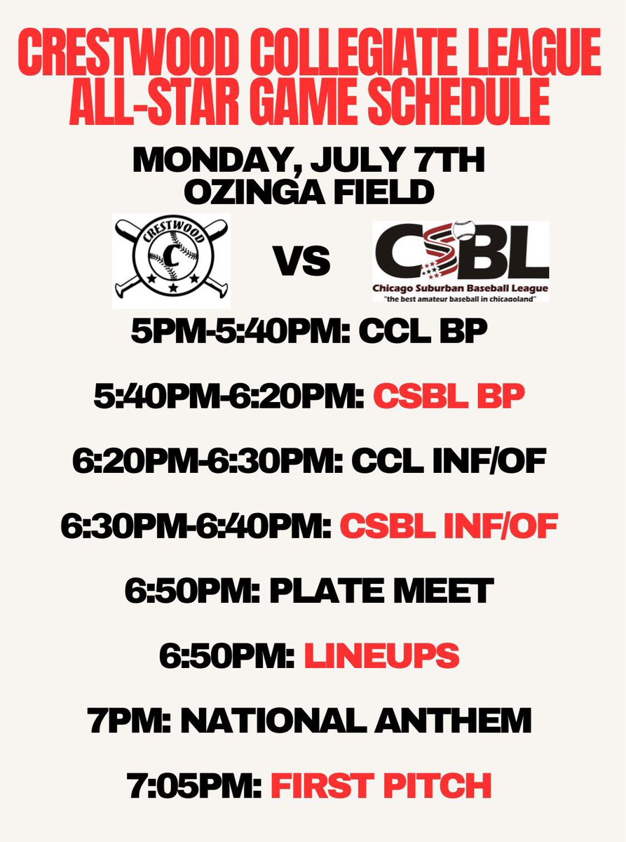 Crestwood Collegiate League (@crestwoodleague) on Twitter photo TONIGHT‼️
🗓️ July 7th 2025
2025 ALL-STAR GAME 
Crestwood Collegiate League vs Chicago Suburban League 
⏰ 7pm
📍Ozinga Field 
Free admission & concessions will be available! TONIGHT‼️
🗓️ July 7th 2025
2025 ALL-STAR GAME 
Crestwood Collegiate League vs Chicago Suburban League 
⏰ 7pm
📍Ozinga Field 
Free admission & concessions will be available!