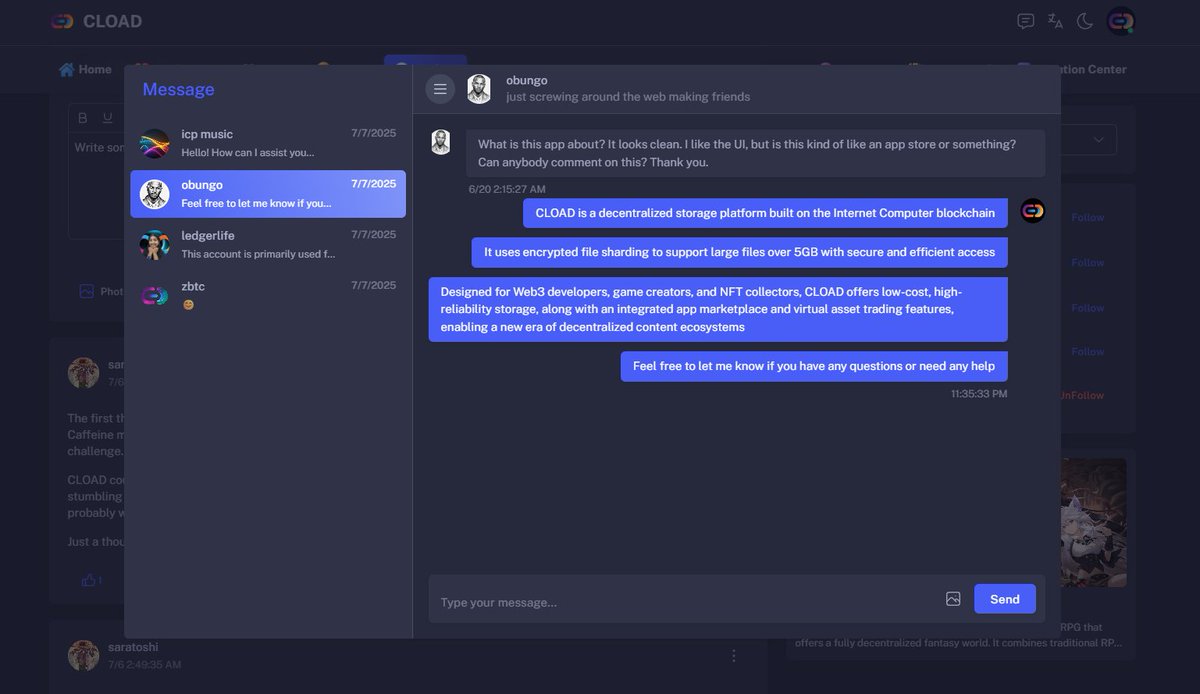 💬 Communication made easier on CLOAD!

You can now send private messages directly to other users — instantly, seamlessly, and without leaving the platform 
Whether it’s collaboration, feedback, or just saying hi, CLOAD makes connecting in Web3 easier than ever.
Try it now →