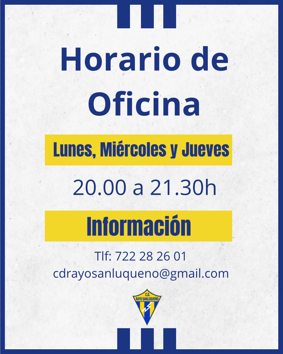 ¡HORARIO DE NUESTRA OFICINA! 

Campaña de Socios 25/26 CD Rayo Sanluqueño
