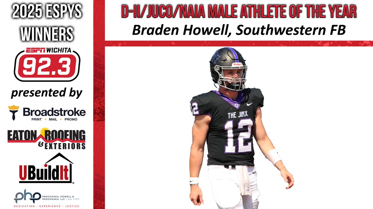 ESPN Wichita 92.3 (@espnwichita) on Twitter photo The 2025 Honorary ESPY for D-II/JUCO/NAIA Male Athlete of the Year goes to <a href="/bradenhowell15/">Braden Howell</a> of <a href="/BuilderFootball/">SC Builder Football</a> (<a href="/buildersports/">Southwestern College Moundbuilders</a>)! The 2025 Honorary ESPY for D-II/JUCO/NAIA Male Athlete of the Year goes to <a href="/bradenhowell15/">Braden Howell</a> of <a href="/BuilderFootball/">SC Builder Football</a> (<a href="/buildersports/">Southwestern College Moundbuilders</a>)!