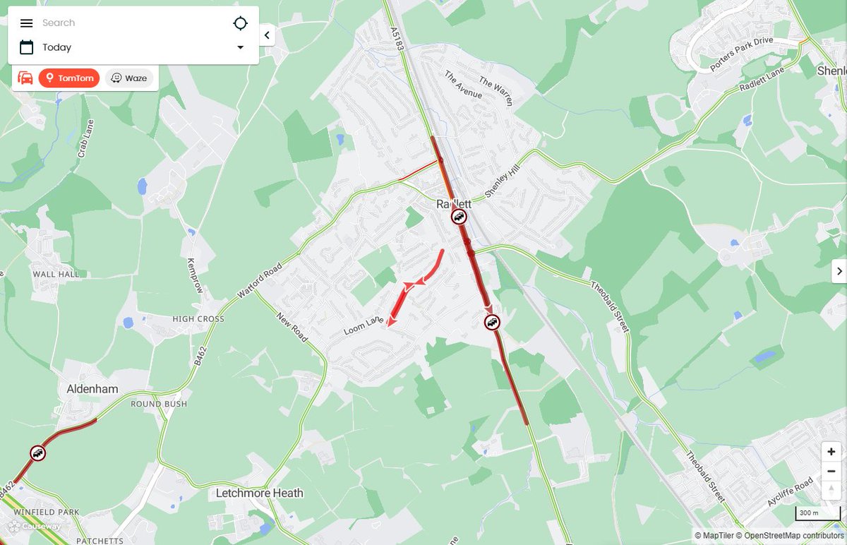 DELAYS: #Radlett #A5183 Watling Street. DELAYS in both directions on the A5183 through Radlett - due to an RTC at B462 Watford Road. Emergency services are at the scene. #AvoidTheQ