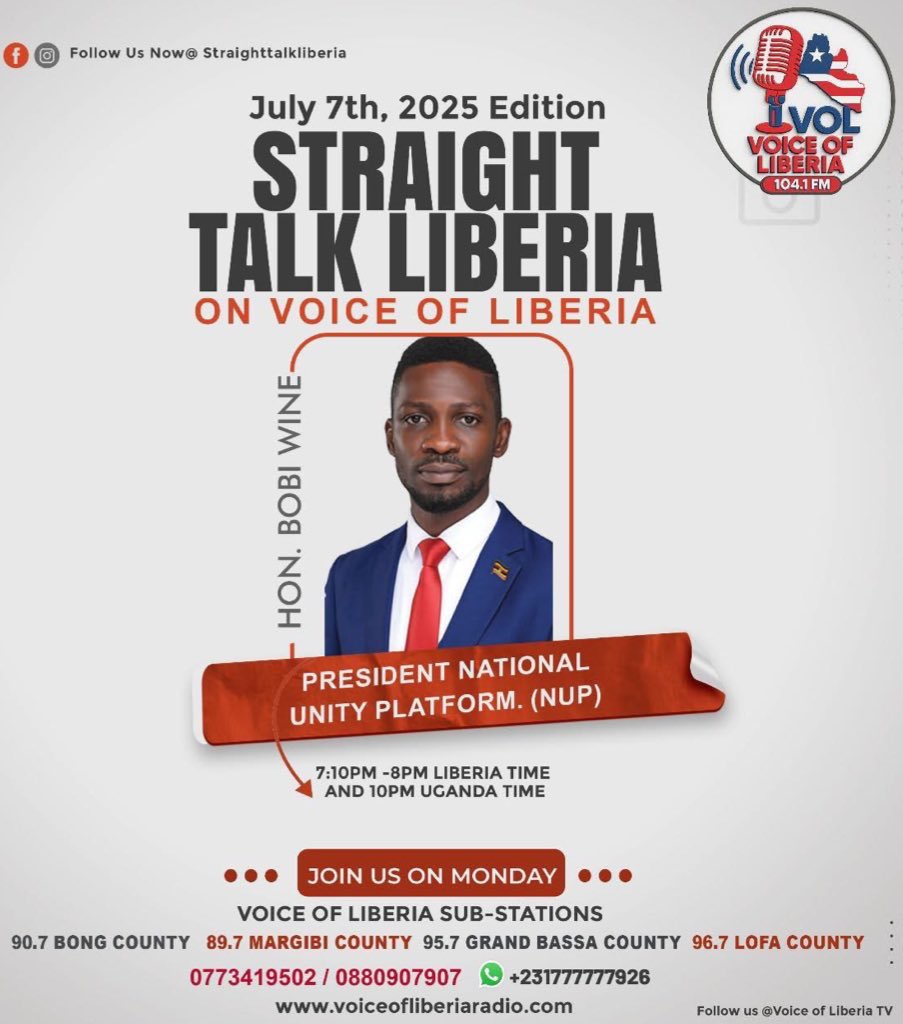 Tonight on Voice of Liberia TV, President <a href="/HEBobiwine/">BOBI WINE</a> will be live on the program Straight Talk Liberia. 

Tune in via voiceofliberiaradio.com or through Facebook at facebook.com/share/p/19NRSW…. 

The broadcast starts at 10:15 PM (Uganda) and 7:15 PM (Liberia). Don’t miss it!