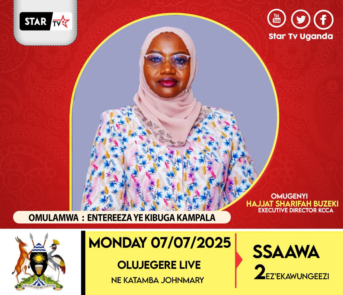 Kampala Capital City Authority (KCCA) (@kccaug) on Twitter photo Coming to your TV this evening is the <a href="/KCCAED/">Sharifah Buzeki</a> <a href="/Buzeki_Sharifah/">Hajjat Sharifah Buzeki</a>.
At exactly 8pm (07 July,2025) tune in to <a href="/StartvUganda/">UBC STAR TV UGANDA</a> and follow the discussion as she dissects all matters City infrastructure and other KCCA services.
#KCCAonAir Coming to your TV this evening is the <a href="/KCCAED/">Sharifah Buzeki</a> <a href="/Buzeki_Sharifah/">Hajjat Sharifah Buzeki</a>.
At exactly 8pm (07 July,2025) tune in to <a href="/StartvUganda/">UBC STAR TV UGANDA</a> and follow the discussion as she dissects all matters City infrastructure and other KCCA services.
#KCCAonAir
