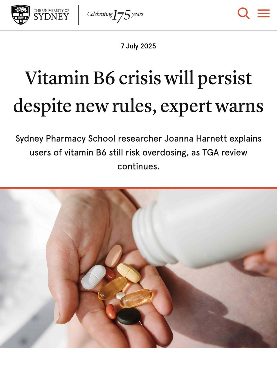 "Sydney Pharmacy School researcher Joanna Harnett explains users of vitamin B6 still risk overdosing, as TGA review continues." 😟👇 sydney.edu.au/news-opinion/n…