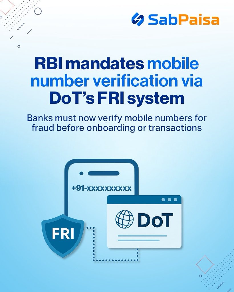 RBI now mandates all banks to verify mobile numbers via DoT’s FRI system — before onboarding or processing any transaction.

A major step to stop:
- SIM swap fraud
- Identity theft
- Risky transactions

Secure payments start with verified users. 

#RBIUpdate #FRI #SabPaisa