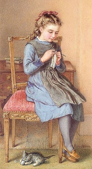 Agnes Rose Bouvier (1842-1892) - Little girl knitting with a kitten at her feet.